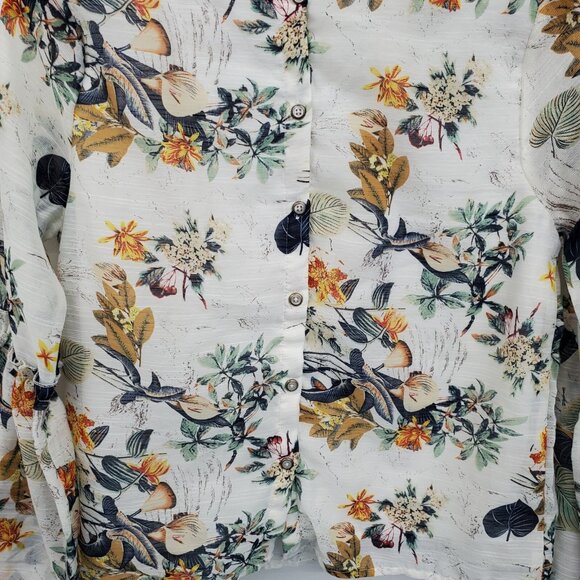 Womens M White Floral Blouse Bell Sleeve Boho Cottagecore Top Button Back Blouse - Picture 13 of 16